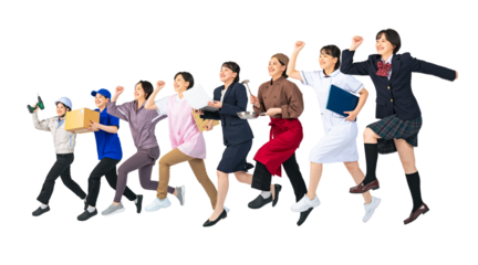 ジャンプする様々な職業に扮装した同一人物のグループ　転職　進路　専門学校　切り抜き背景透過PNG（1人ずつのPNG画像も販売しております。作成者リンクから「PNG」で検索してください）