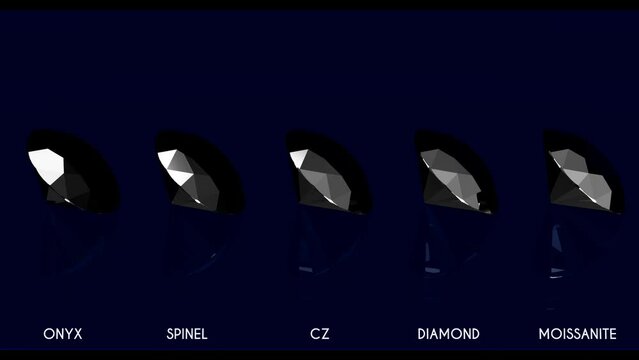 Black diamond substitutes rotating on dark blue background. Onyx, spinel, cubic zirconia, moissanite. Seamless loop 3d animation.
