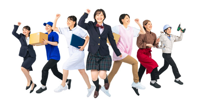 ジャンプする様々な職業に扮装した同一人物のグループ　転職　進路　専門学校　切り抜き背景透過PNG（1人ずつのPNG画像も販売しております。作成者リンクから「PNG」で検索してください）