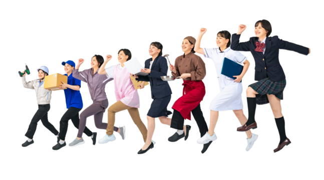 ジャンプする様々な職業に扮装した同一人物のグループ　転職　進路　専門学校　切り抜き背景透過PNG（1人ずつのPNG画像も販売しております。作成者リンクから「PNG」で検索してください）