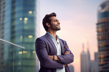 Happy wealthy rich successful indian business man standing in big city modern skyscrapers street on sunset thinking of successful future vision, dreaming of new investment opportunities concept - obrazy, fototapety, plakaty