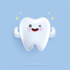 Realistic happy tooth vector illustration. cartoon dental character. cute dentist mascot. oral health and dental inspection teeth. medical dentist tool. vector design.