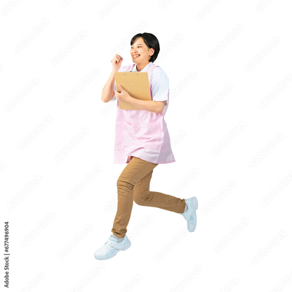 Poster ジャンプするエプロンをつけた女性　保育士　介護福祉士　切り抜き背景透過png