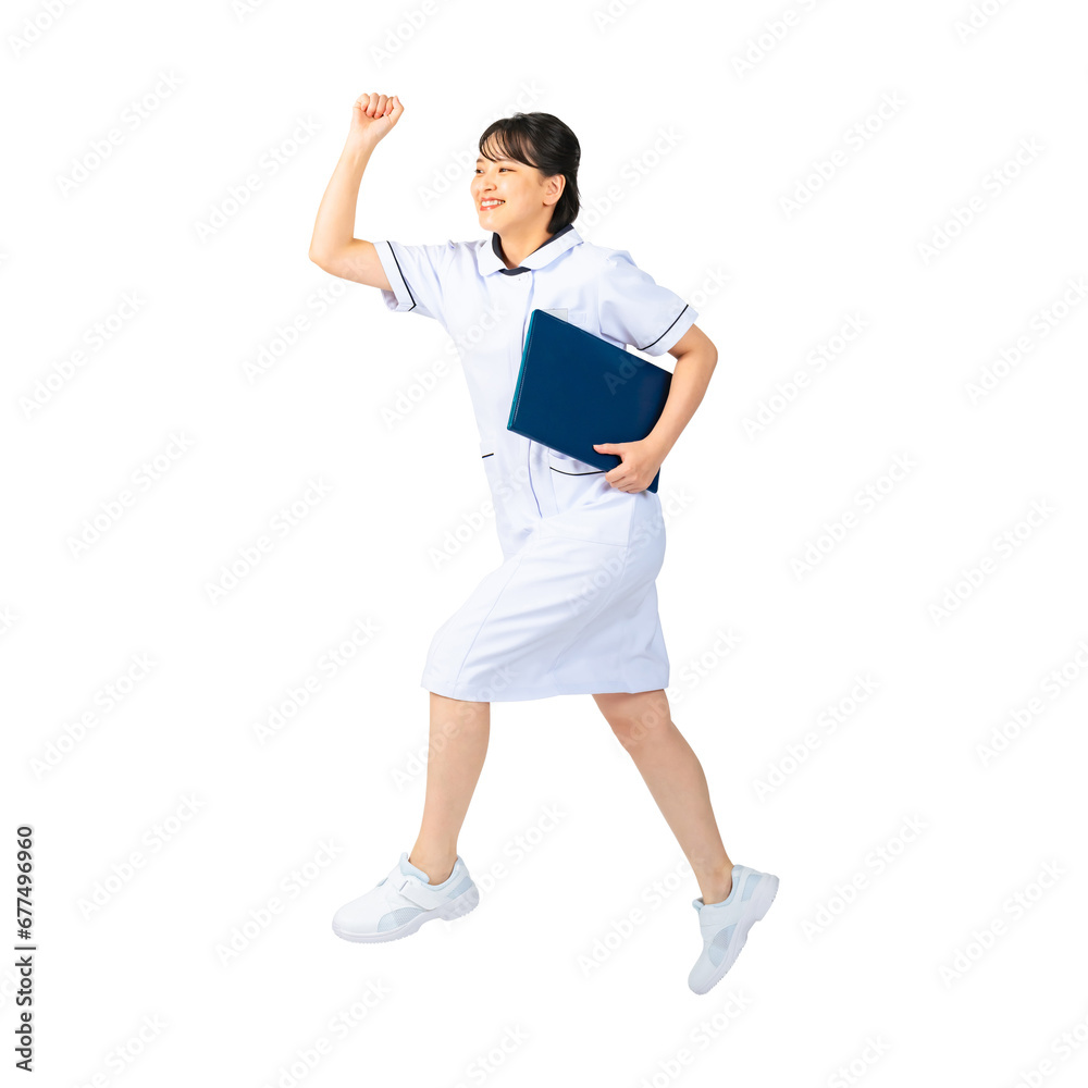 Aufkleber ジャンプする白衣を着た女性　看護師　医師　エステティシャン　切り抜き背景透過png