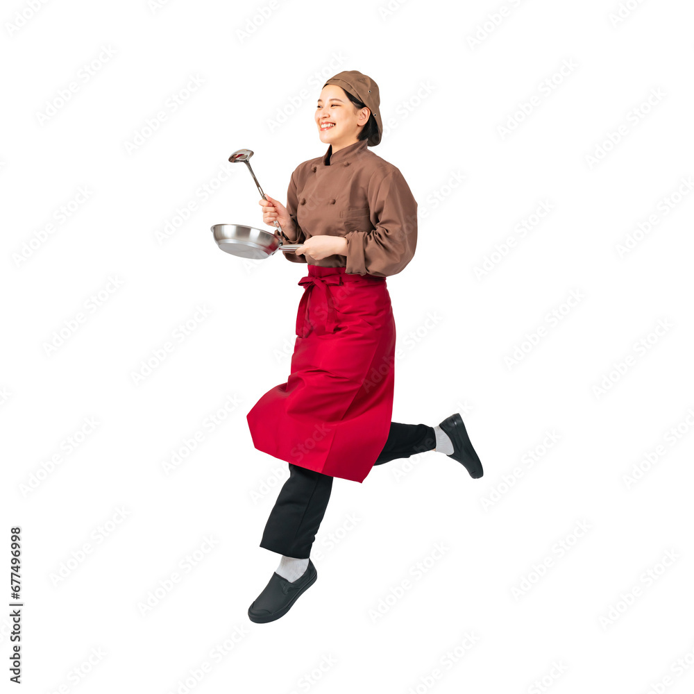 Aufkleber ジャンプする調理服を着た女性　調理師　飲食店店員　切り抜き背景透過png