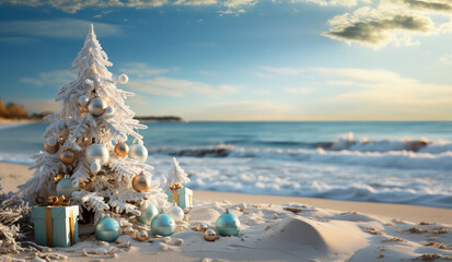 Decorated with silver balls and snow Christmas tree on the beach on background of sea view with waves and sand - obrazy, fototapety, plakaty