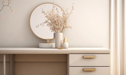 Empty modern, minimal beige dressing table, gold handle drawer storage, glass vase, round vanity mirror in cream wall bedroom in sunlight for luxury beauty, cosmetic, product background, Generative AI - obrazy, fototapety, plakaty