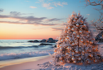 Decorated Christmas tree, New Year fir on the beach on background of sea view with waves, sand and rocks
