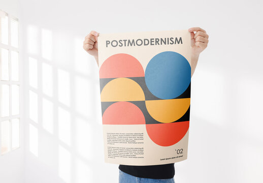 Mockup of man holding customizable A2 poster in front of face