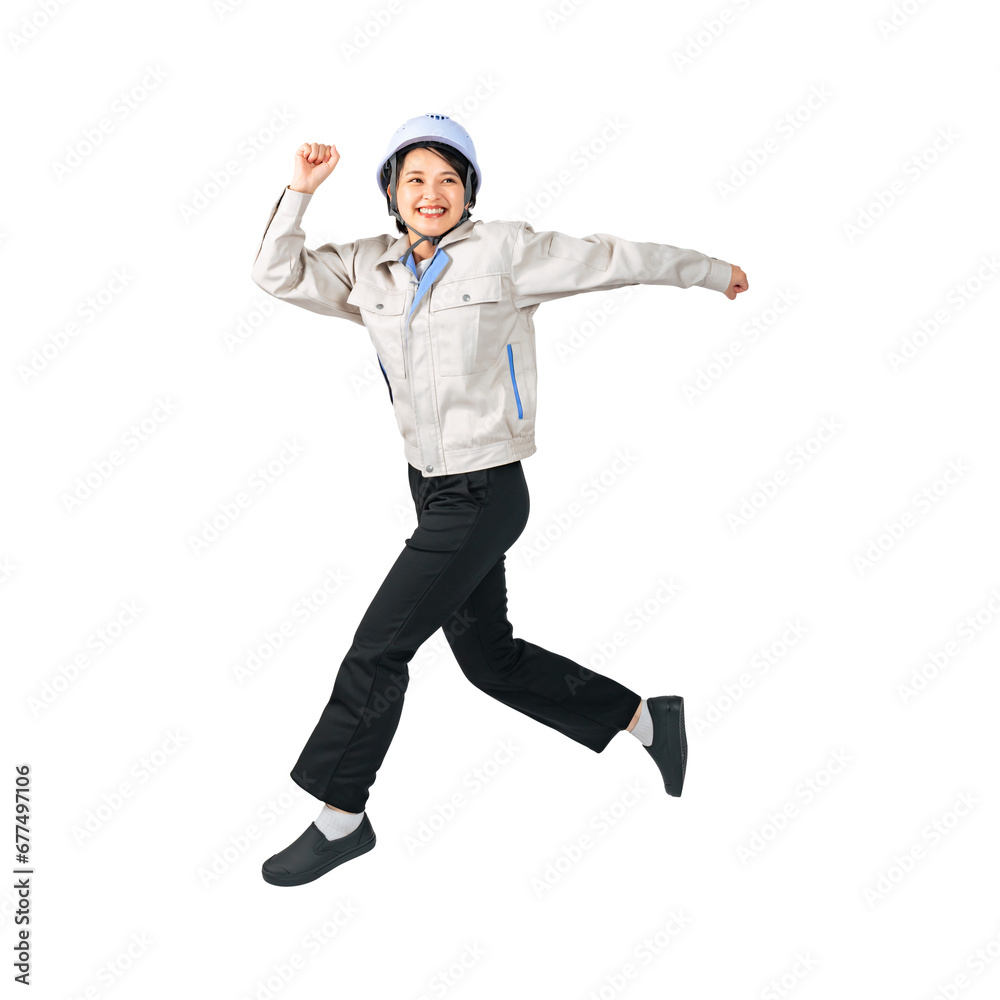 Aufkleber ジャンプするヘルメットと作業服を着た女性　作業員　エンジニア　切り抜き背景透過png