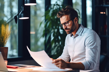 Male entrepreneur or businessman expert reading documents at office, Manager checking report, Thinking businessman lawyer analyzing deal contract papers, Company finance manager accountant - obrazy, fototapety, plakaty