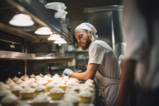 Low angle view of focused baker in mid 30s decorating fresh batch of vegan cupcakes in commercial kitchen