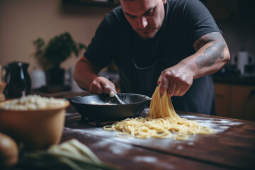 Fototapeta na wymiar Man Cooking Pasta In The Kitchen 