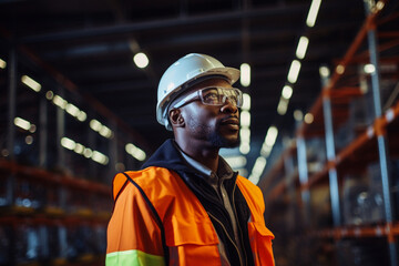Manual worker wearing hardhat and eyewear in warehouse
