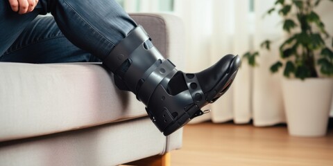 Ankle sprain orthosis, black splint, walker boot on leg sitting on the sofa at home. Ankle foot orthosis close-up, Generative AI - obrazy, fototapety, plakaty