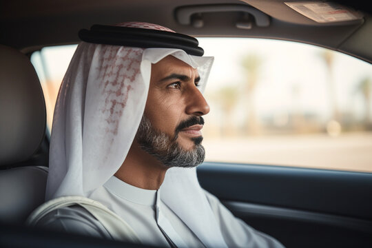 Middle Eastern man driving his car, he's wearing the typical Emirati dishdasha