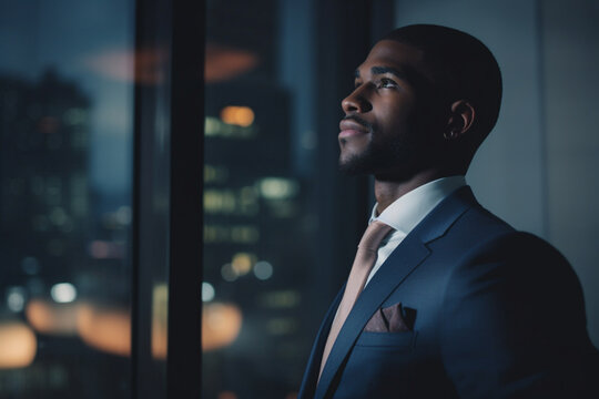 Night Office: Stylish Close-up Portrait of Powerful Black Businessman Wearing Suit Standing, Looking out of the Window on a Big City, Ambitious African CEO Thinking of e-Commerce Investment