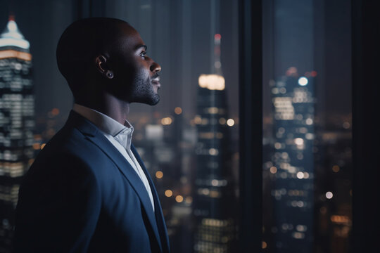 Night Office: Stylish Close-up Portrait of Powerful Black Businessman Wearing Suit Standing, Looking out of the Window on a Big City, Ambitious African CEO Thinking of e-Commerce Investment