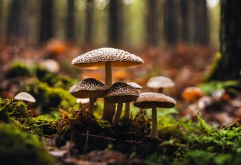 a number of mushrooms on the ground in a forest of moss