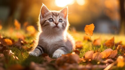Obraz premium A Cute kitten playing with yellow autumn leaves at sunset. the backyard The background of the photo is a relaxing environment in the backyard.