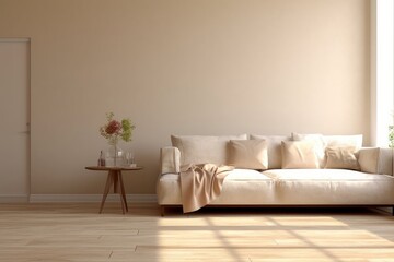 Cream suede leather sofa, brown cushion, blanket in sunlight on beige wall, parquet floor living room, kitchen dining room for interior design decoration, luxury living lifestyle product,Generative AI
