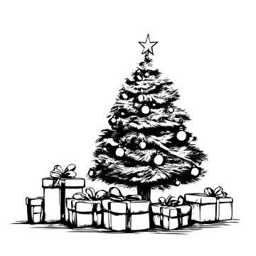 Hand drawn Christmas tree and presents. Vector illustration sketch, line art..