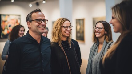 Obraz premium Group of people with glasses stand during an exhibition at the gallery.