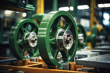 Photo of a mechanical device with vibrant green wheels. Modern metal processing at an industrial enterprise. Manufacturing of high-precision parts and mechanisms. - obrazy, fototapety, plakaty