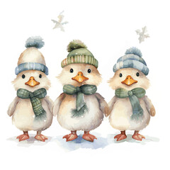 Christmas Ducks wearing winter cloths with hats and scarfs vector