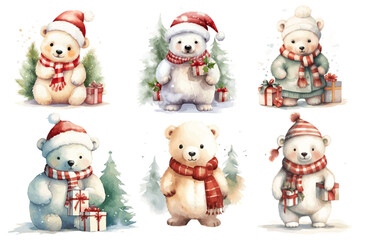 Christmas Polar bear wearing santa hats and winter cloths with Christmas Trees vectors