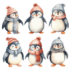 Penguins wearing santa hats and winter cloths vactors