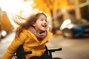 A young girl in a wheelchair with her hair blowing in the wind. A person with disabilities. The joy of life. Community support. - obrazy, fototapety, plakaty