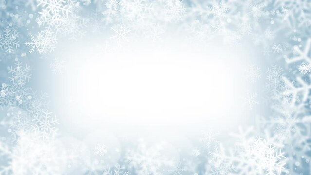 Beautiful falling snowflakes wallpaper. Winter dust ice particles. Snowfall weather white teal blue background. Looped motion graphics.