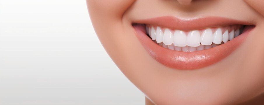 Perfect healthy teeth smile of a young woman, Teeth whitening, Dental clinic patient, Image symbolizes oral care dentistry, stomatology, Dentistry