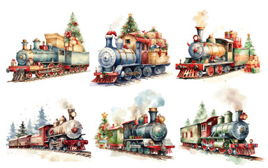 Christmas Santa Trains with christmas trees and presents and toys watercolor vectors