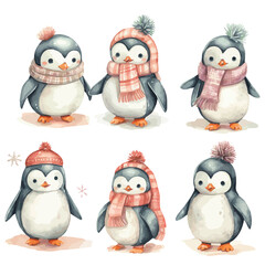 christmas penguins watercolor vectors