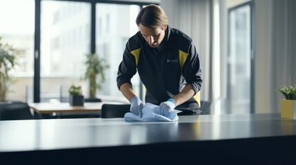 A Close-up of cleaning staff using cloth and spraying disinfectant to wipe down tables in a corporate office. Cleaning staff concept.