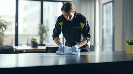 Fototapeta premium A Close-up of cleaning staff using cloth and spraying disinfectant to wipe down tables in a corporate office. Cleaning staff concept.