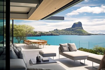 Terrace in modern house with panoramic opened windows and stunning view to blue lagoon and rock. Generative AI