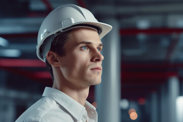 Portrait of a Young Handsome Confident Engineer Wearing White Hard Hat in Office at Car Assembly Plant, Industrial Specialist Working on Vehicle Production in Modern Factory, Side Profile Face View