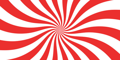 Christmas candy swirl background. Christmas candycane radial pattern with red stripes. Xmas swirl lollipop vortex texture. Peppermint traditional caramel print. Vector illustration. - 677499186