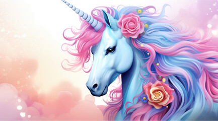 unicorn with her rainbow mane, over white background with pink flowers