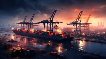 Obraz premium Logistics and transportation of Container Cargo ship working crane bridge in shipyard, logistic import export and transport industry background.