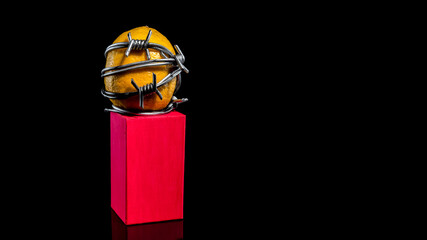 Composition with wired lemon on a stand on a black background