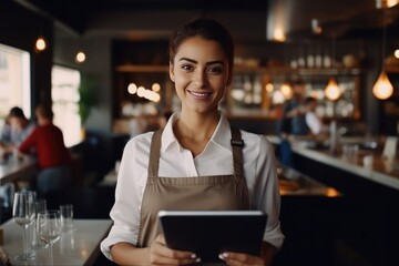 Restaurant, tablet and happy woman or small business owner, e commerce and online cafe or coffee shop management.
