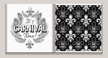 Black and white set of label, seamless geometric pattern for Mardi gras carnival decoration. Fleur de lis, feathers, text. For prints, clothing, t shirt, holiday goods, stuff.