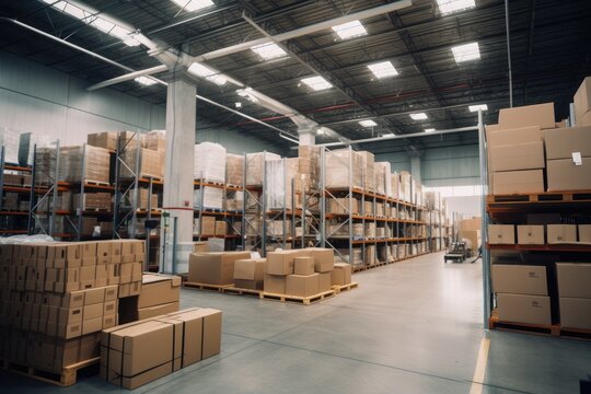Interior of a modern warehouse storage of retail shop with pallet truck near shelves.