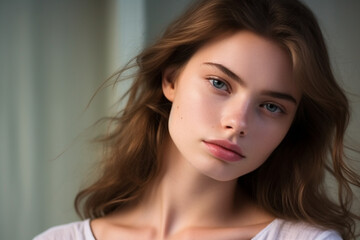 Portrait of young girl with clean skin and soft makeup