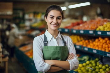 Fotobehang Portrait young woman worker seller in a Vegetable section supermarket standing in arms crossed, greengrocer female looking at camera in fruit shop market Employee in a work apron © alisaaa