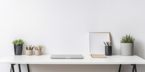 Office table, empty desk with simple office things and white wall copy space. Creative workspace, Generative AI